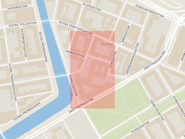 Karta som med röd fyrkant ramar in Västra Innerstaden, Rättscentrum, Erikslust, Malmö, Skåne län