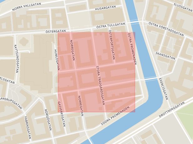 Karta som med röd fyrkant ramar in Grönegatan, Malmö, Skåne län