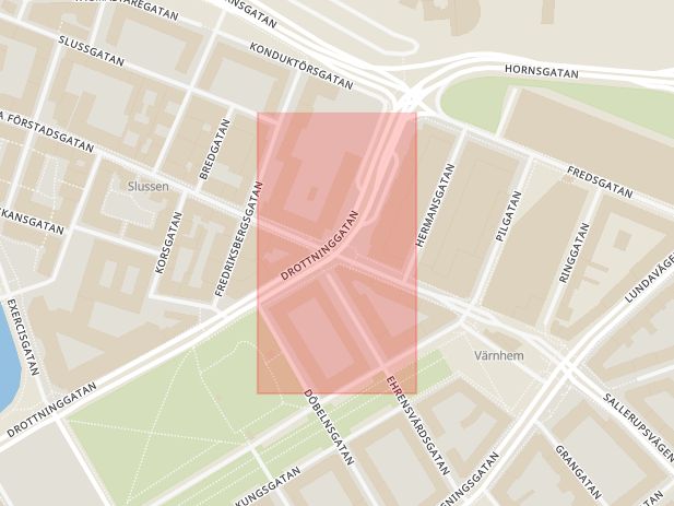 Karta som med röd fyrkant ramar in Drottninggatan, Östra Förstadsgatan, Malmö, Skåne län