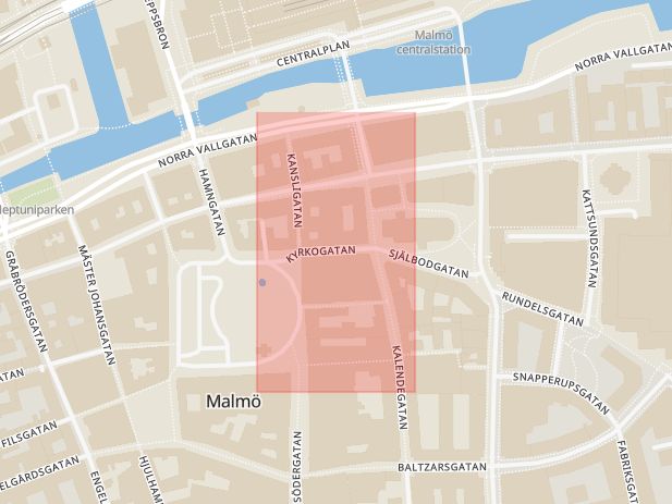 Karta som med röd fyrkant ramar in Kyrkogatan, Adelgatan, Norra Vallgatan, Malmö, Skåne län