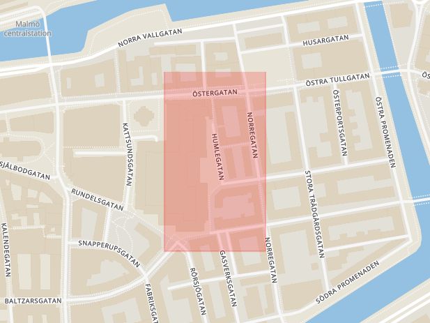 Karta som med röd fyrkant ramar in Humlegatan, Caroli, Malmö, Skåne län