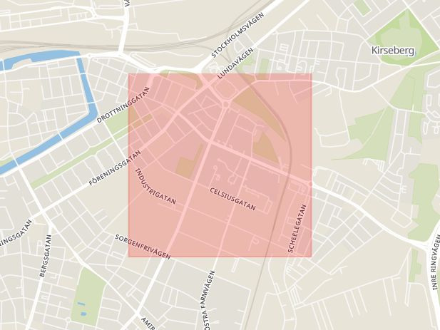 Karta som med röd fyrkant ramar in Värnhem, Malmö, Skåne län