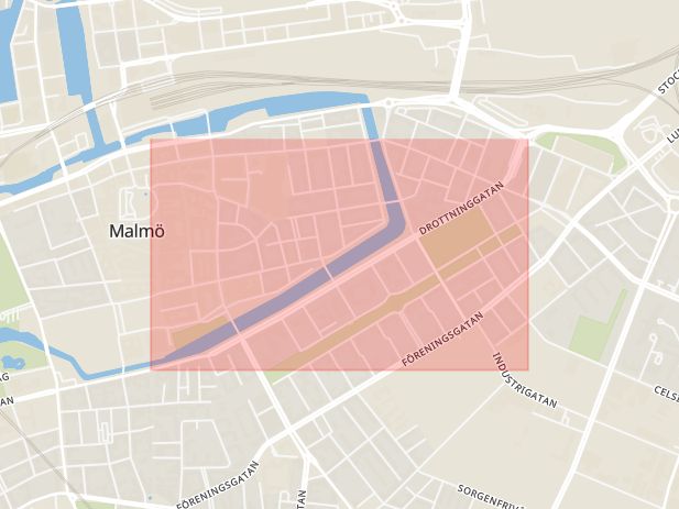 Karta som med röd fyrkant ramar in Drottninggatan, Kanalen, Malmö, Skåne län