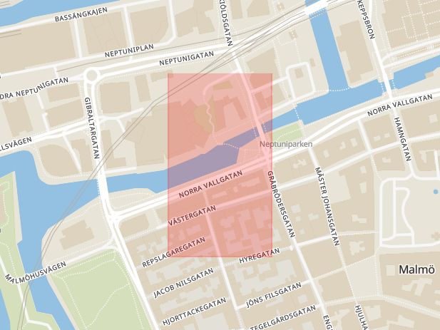 Karta som med röd fyrkant ramar in Kaptensgatan, Kanalen, Malmö, Skåne län