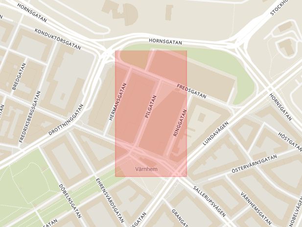 Karta som med röd fyrkant ramar in Värnhemstorget, Pilgatan, Malmö, Skåne län