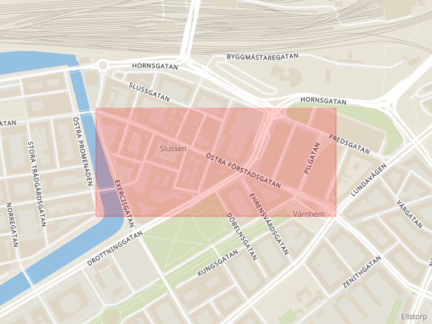 Karta som med röd fyrkant ramar in Östra Förstadsgatan, Malmö, Skåne län