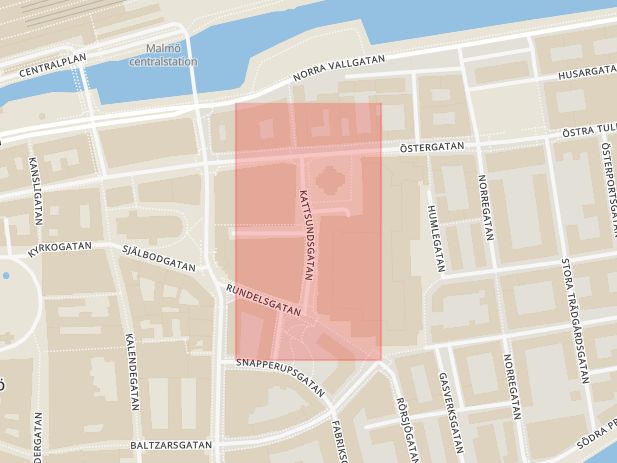 Karta som med röd fyrkant ramar in Kattsundsgatan, Malmö, Skåne län