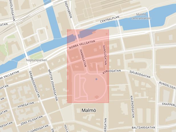Karta som med röd fyrkant ramar in Stortorget, Storgatan, Hamngatan, Malmö, Skåne län