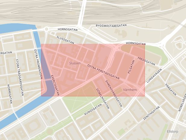Karta som med röd fyrkant ramar in Östra Förstadsgatan, Malmö, Skåne län