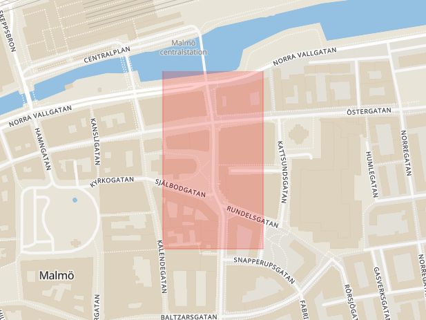 Karta som med röd fyrkant ramar in Mäster Nilsgatan, Malmö, Skåne län
