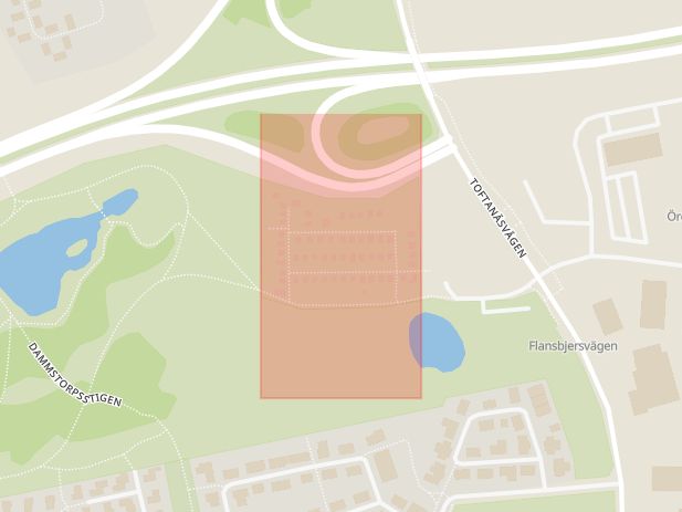 Karta som med röd fyrkant ramar in Trafikplats Flansbjer, Malmö, Skåne län
