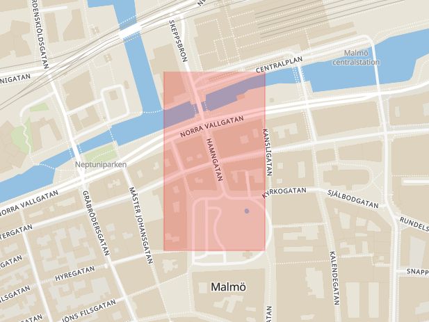 Karta som med röd fyrkant ramar in Lokgatan, Hamngatan, Malmö, Skåne län