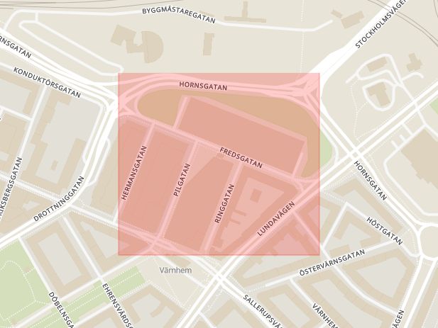 Karta som med röd fyrkant ramar in Fredsgatan, Värnhemstorget, Malmö, Skåne län