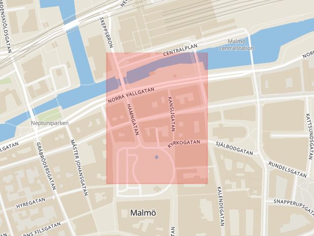 Karta som med röd fyrkant ramar in Adelgatan, Malmö, Skåne län
