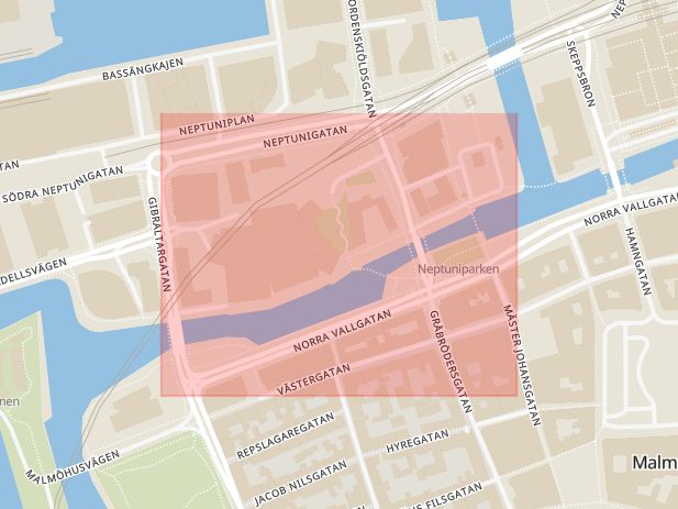 Karta som med röd fyrkant ramar in Fiskehamnsgatan, Malmö, Skåne län