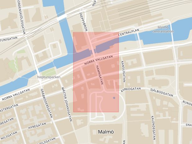 Karta som med röd fyrkant ramar in Hamngatan, Stortorget, Malmö, Skåne län