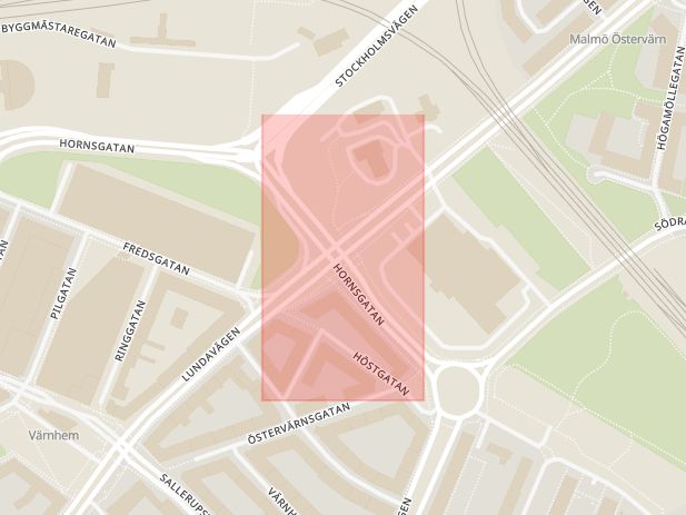 Karta som med röd fyrkant ramar in Hornsgatan, Lundavägen, Malmö, Skåne län