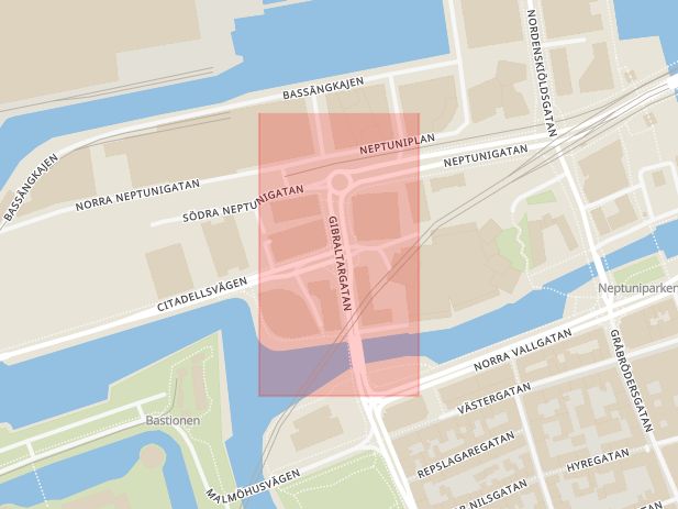 Karta som med röd fyrkant ramar in Gibraltargatan, Malmö, Skåne län