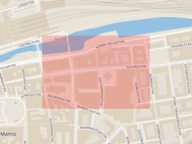 Karta som med röd fyrkant ramar in Östergatan, Malmö, Skåne län