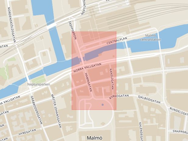 Karta som med röd fyrkant ramar in Norra Vallgatan, Frans Suellsgatan, Malmö, Skåne län