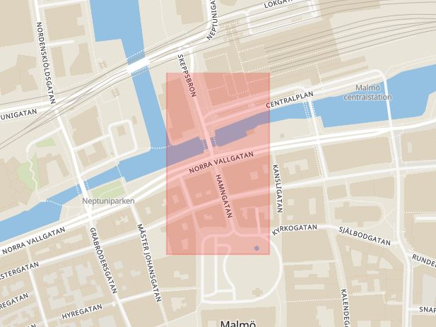 Karta som med röd fyrkant ramar in Norra Vallgatan, Hamngatan, Malmö, Skåne län