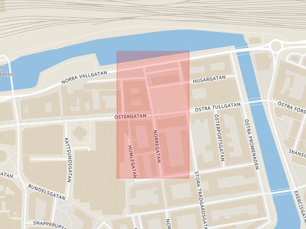Karta som med röd fyrkant ramar in Drottningtorget, Östergatan, Malmö, Skåne län