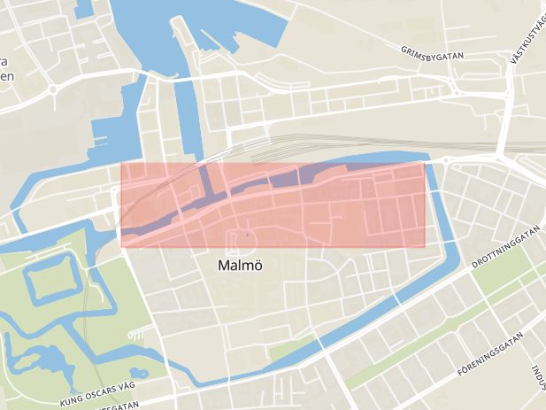 Karta som med röd fyrkant ramar in Norra Vallgatan, Malmö, Skåne län