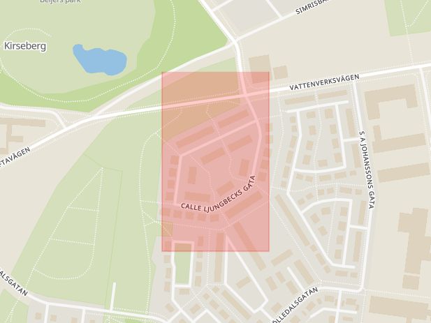 Karta som med röd fyrkant ramar in Kirseberg, Calle Ljungbecks Gata, Malmö, Skåne län