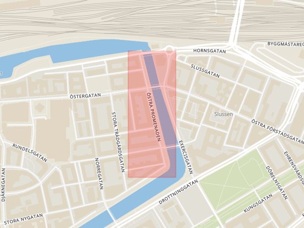 Karta som med röd fyrkant ramar in Östra Promenaden, Malmö, Skåne län