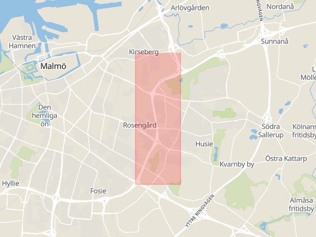 Karta som med röd fyrkant ramar in Inre Ringvägen, Husie, Malmö, Skåne län