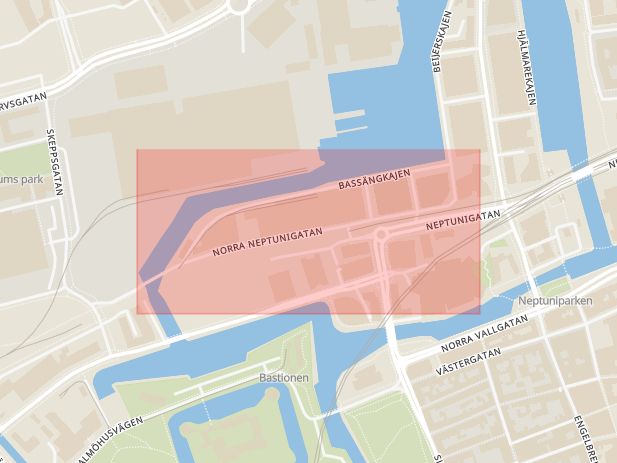 Karta som med röd fyrkant ramar in Norra Neptunigatan, Malmö, Skåne län