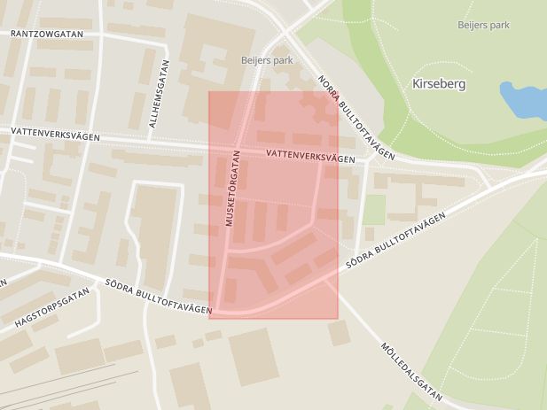 Karta som med röd fyrkant ramar in Ryttaregatan, Malmö, Skåne län
