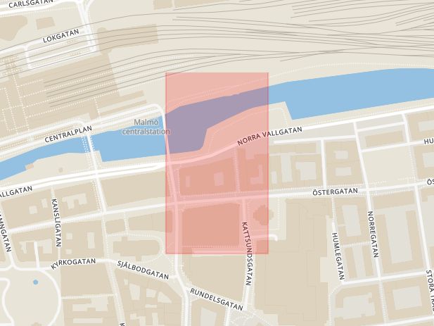 Karta som med röd fyrkant ramar in Norra Vallgatan, Centralplan, Barken, Poppelstigen, Malmö, Skåne län