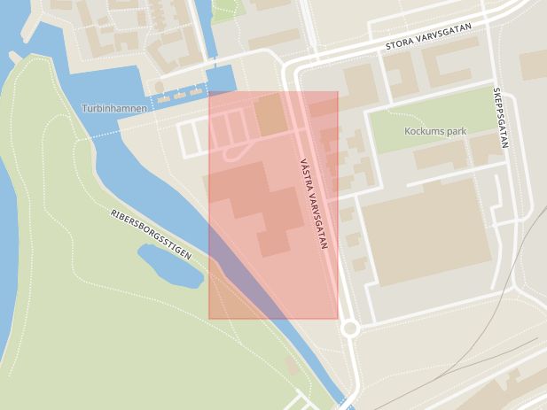 Karta som med röd fyrkant ramar in Västra Hamnen, Stapelbäddsparken, Kockums, Malmö, Skåne län