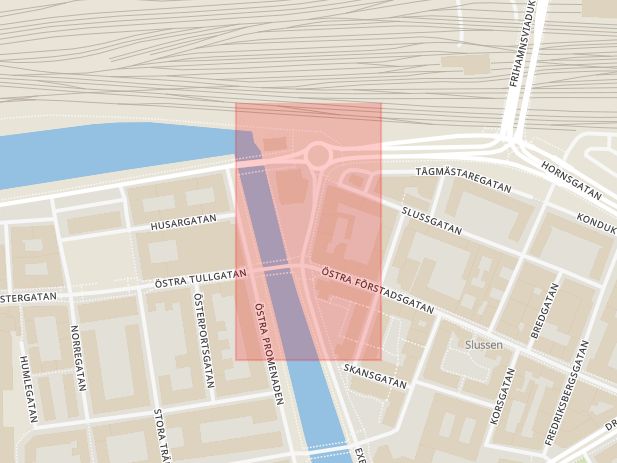 Karta som med röd fyrkant ramar in Slussplan, Malmö, Skåne län