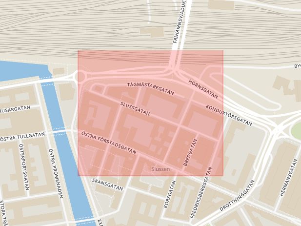 Karta som med röd fyrkant ramar in Slussgatan, Malmö, Skåne län