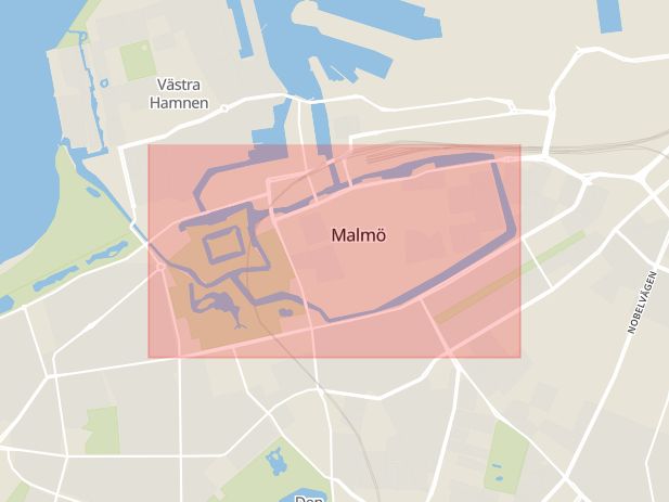 Karta som med röd fyrkant ramar in Gamla Staden, Komministergatan, Österlånggatan, Mariestad, Skåne län