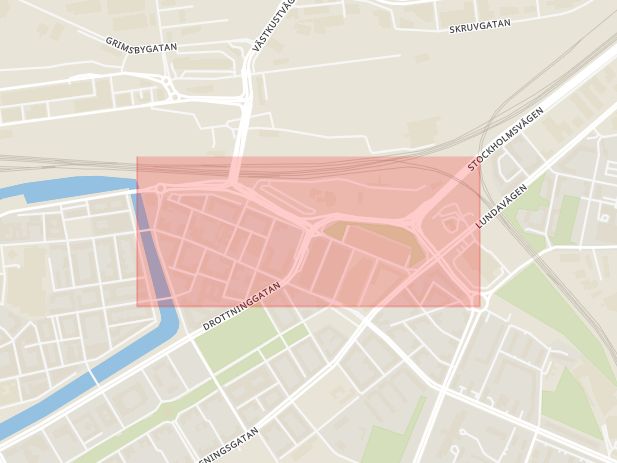 Karta som med röd fyrkant ramar in Hornsgatan, Lundagatan, Malmö, Skåne län