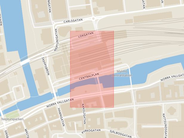 Karta som med röd fyrkant ramar in Lilla Torg, Centralplan, Malmö