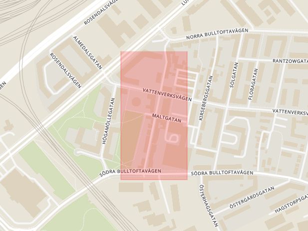 Karta som med röd fyrkant ramar in Kirseberg, Torngatan, Malmö, Skåne län