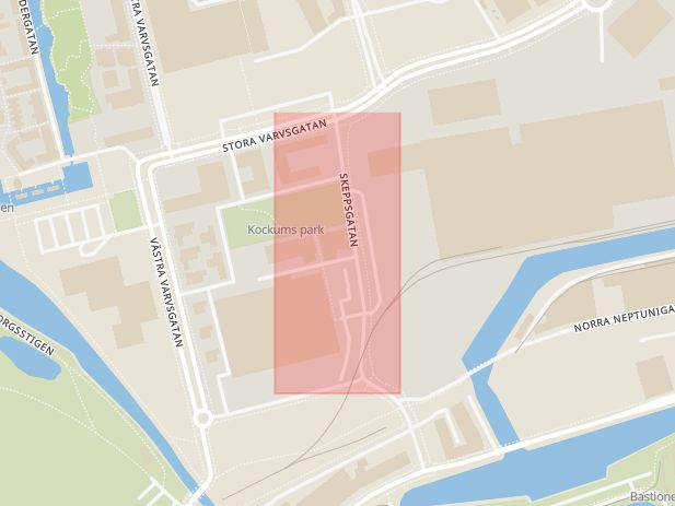 Karta som med röd fyrkant ramar in Skeppsgatan, Malmö, Skåne län