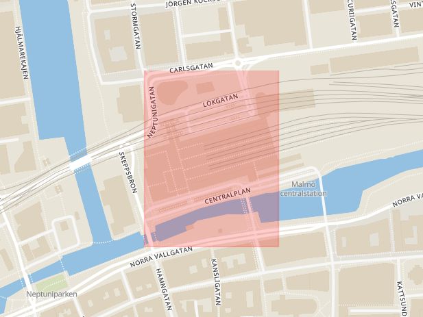 Karta som med röd fyrkant ramar in Malmö Centralstation, Malmö, Skåne län