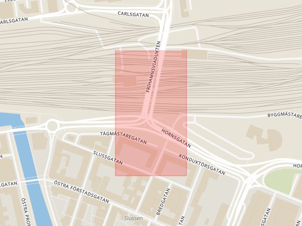 Karta som med röd fyrkant ramar in Hornsgatan, Frihamnsviadukten, Malmö, Skåne län