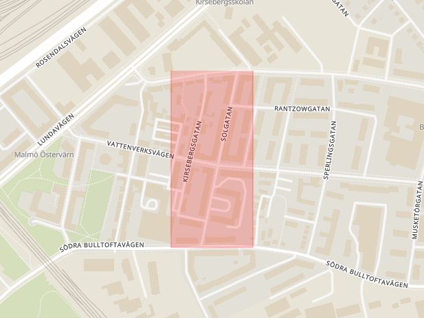 Karta som med röd fyrkant ramar in Kirseberg, Solgatan, Malmö, Skåne län