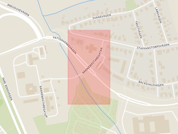 Karta som med röd fyrkant ramar in Vattenverksvägen, Rännemästaregatan, Malmö, Skåne län