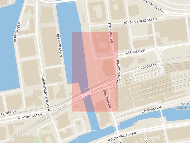 Karta som med röd fyrkant ramar in Posthusplatsen, Malmö, Skåne län