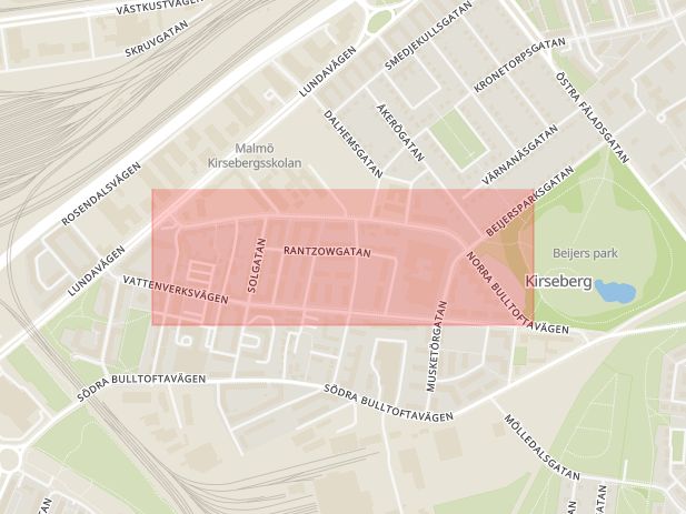 Karta som med röd fyrkant ramar in Kirseberg, Norra Bulltoftavägen, Malmö, Skåne län