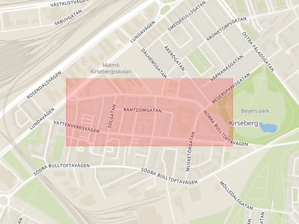 Karta som med röd fyrkant ramar in Norra Bulltoftavägen, Malmö, Skåne län