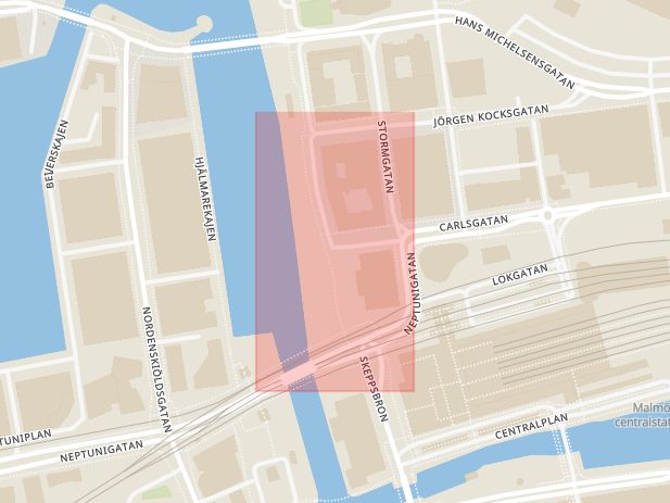 Karta som med röd fyrkant ramar in Skeppsbron, Carlsgatan, Malmö, Skåne län