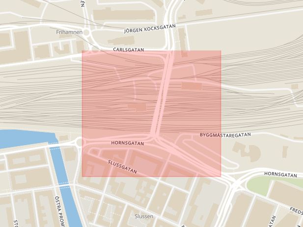Karta som med röd fyrkant ramar in Sydkajen, Frihamnsviadukten, Malmö, Skåne län